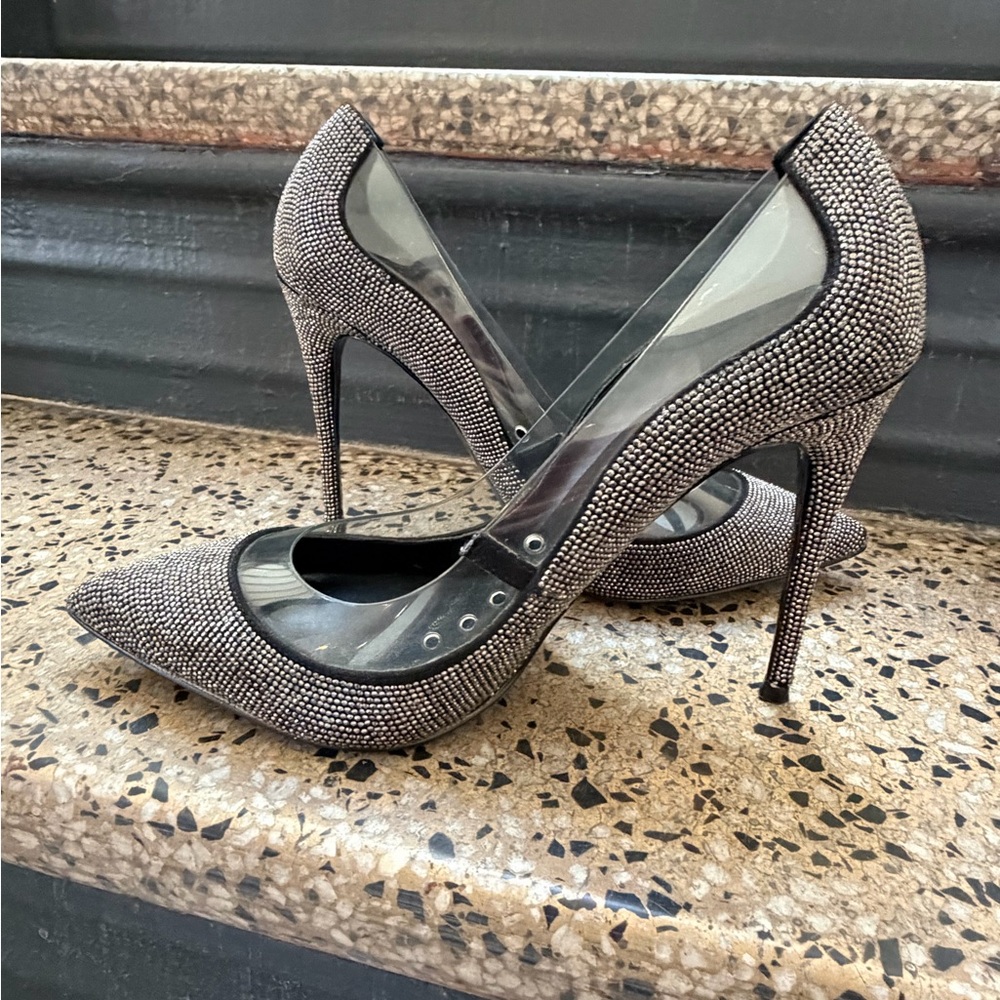 Aldo Edulla Silver and Black Embellished Pointy Toe Stiletto Clear Top Size 9
